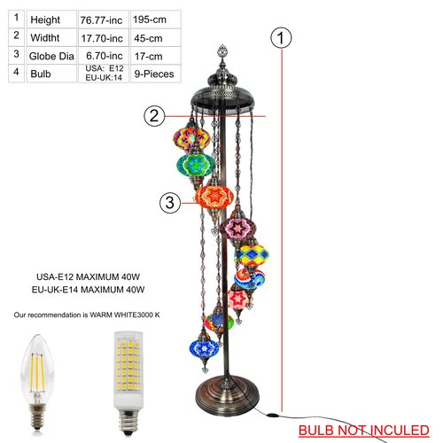 Tall Standing Lamp, Mid Century Boho Floor Lamp for Living Room, Bedroom, or Nightstand - Unique Turkish Tiffany Style with Stained Glass, Moroccan Design, Big 7'' 9 Globe Mosaic (Mix Different)
