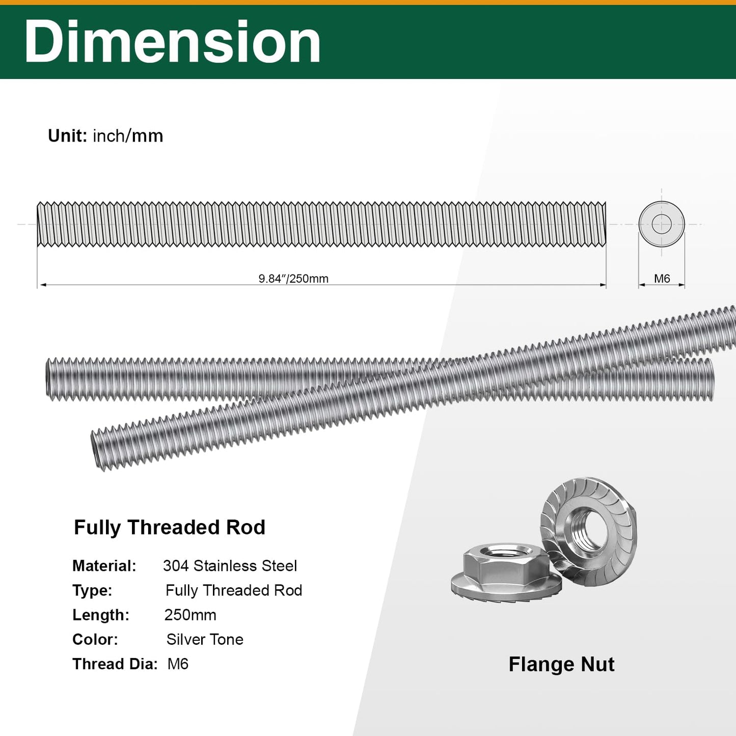 M6-1.0x250mm Fully Threaded Rod Studs, 304 Stainless Steel Long Threaded Screw Right Hand Threads, 4 Pack