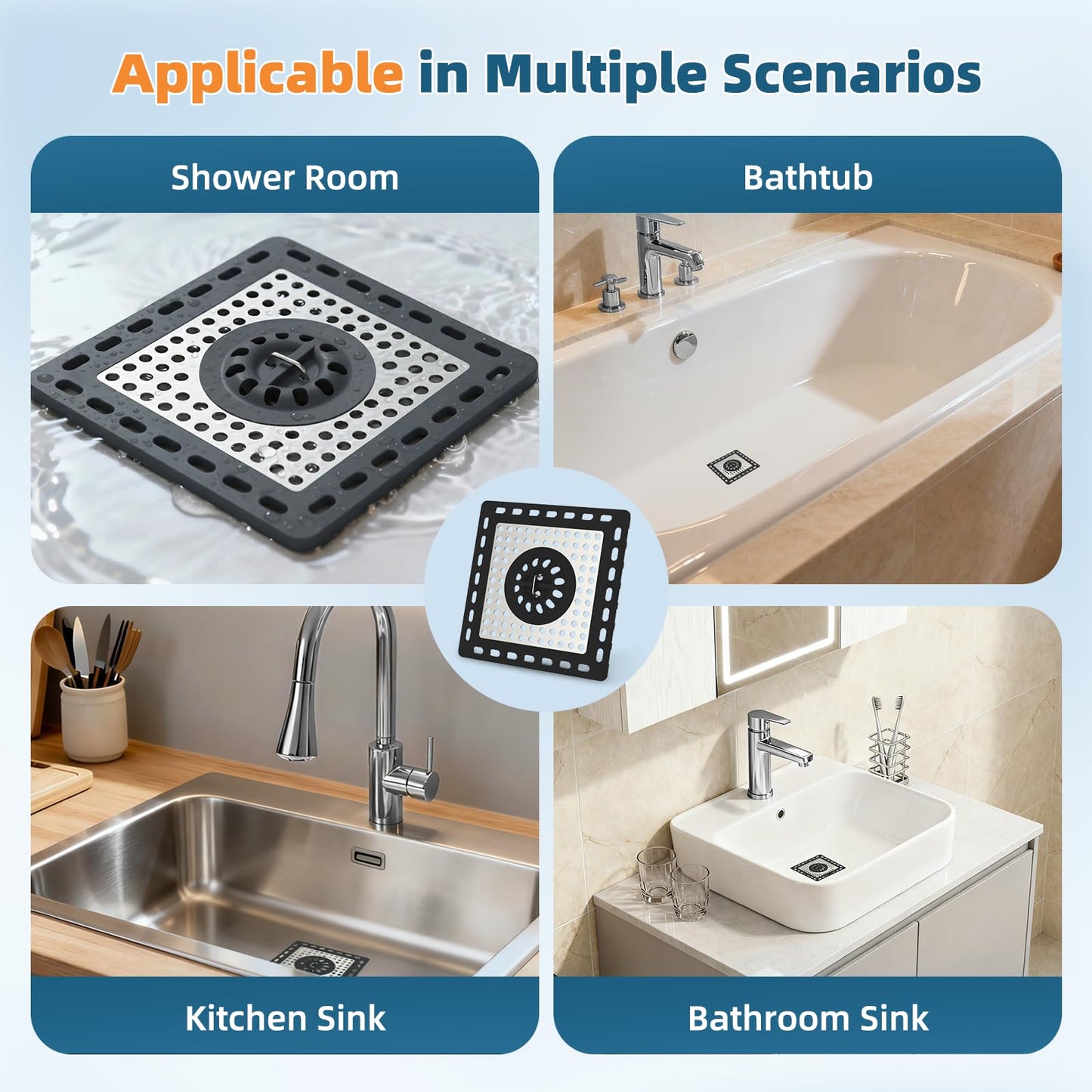 Hibbent Upgraded Shower Drain Hair Catcher, Shower Drain Cover for Bathroom Floor 4" Drain, Anti-Clogging Bathtub Drain Strainer, Stainless Steel Kitchen Sink Drain Strainer with Handle, Black