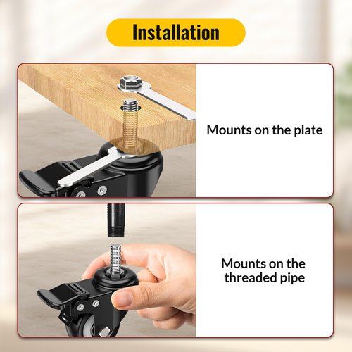 HOLKIE Stem Caster Wheels 2 inch Total Locking Casters Set of 4, Threaded Stem 3/8" -16 x 1 (Diameter 3/8", Length 1") Swivel Heavy Duty Castors Black