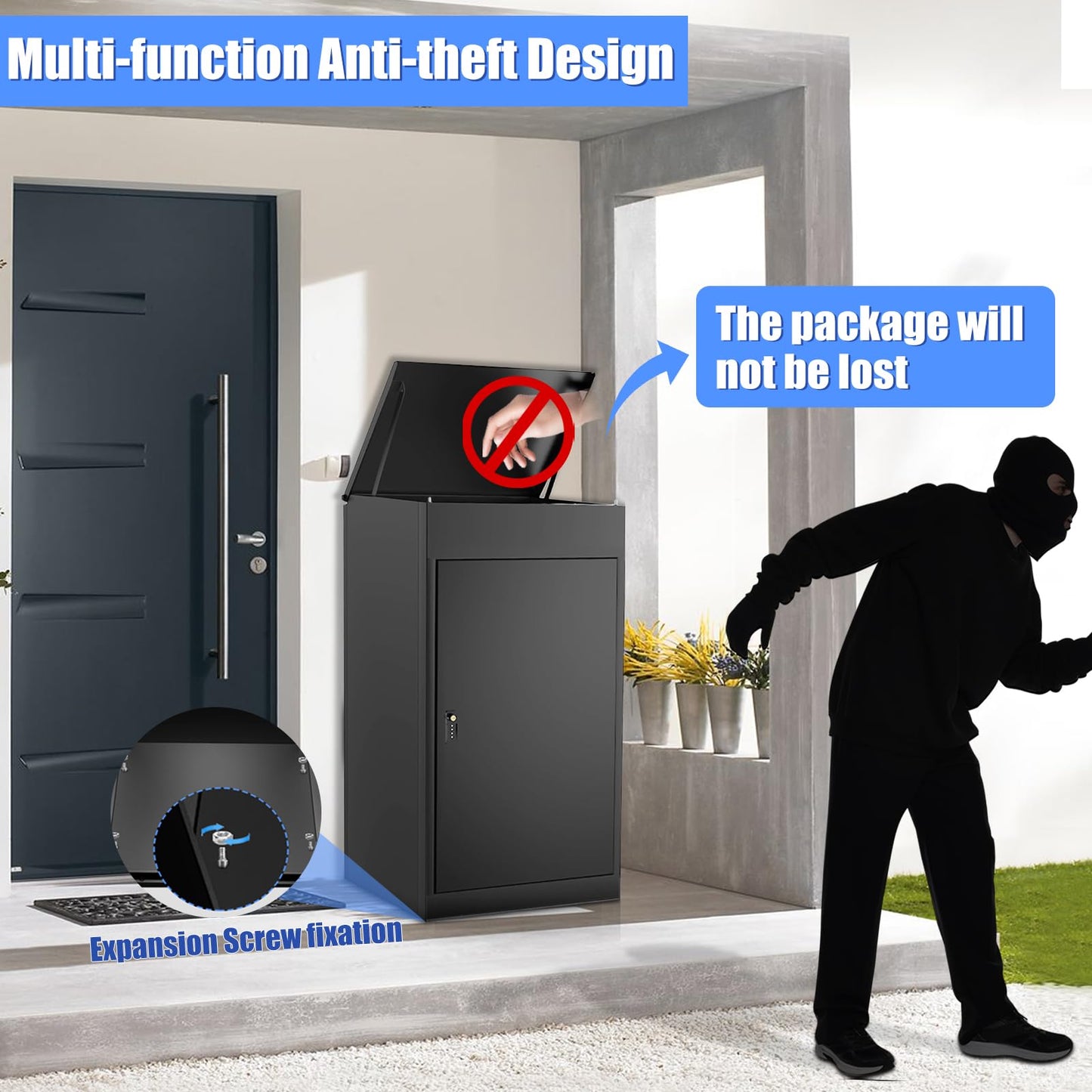 Large Package Delivery Boxes for Outside, 21.5"L X 17.7"W X 39.4"H Parcel Drop Boxes with Double Lock, Waterproof Anti-Theft Mailbox with Floor Spikes, Heavy-Duty Steel Secure Package Delivery Box