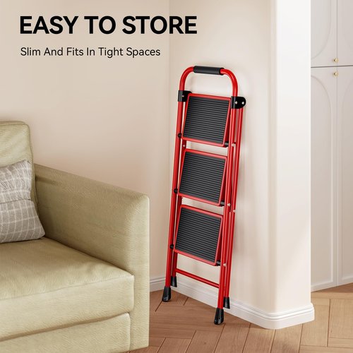 KINGRACK Step Ladder, 3 Step Ladder with with Anti-Slip and Wide Pedal,Portable Foldable Step Stool with Handgrip,Tall Sturdy Step Ladder for Home Kitchen Household,Red