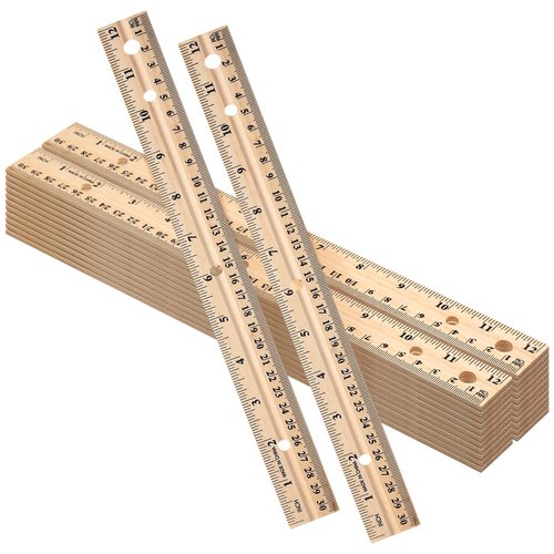 AmazingSpark 60 Pack Wooden Ruler 12 Inch (30cm) Bulk Wood Measuring Ruler Straight Metal Edge with 4 Holes for School Office Drafting Classroom Supplies, 2 Scale