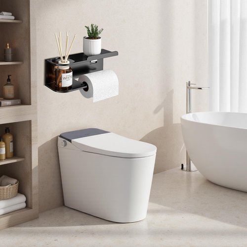 Toilet Paper Holder with Shelf, Self Adhesive or Wall-Mount with Screws for Bathroom, Washroom, Stainless Steel Toilet Tissue Roll Holder with Wipes Storage (Black)