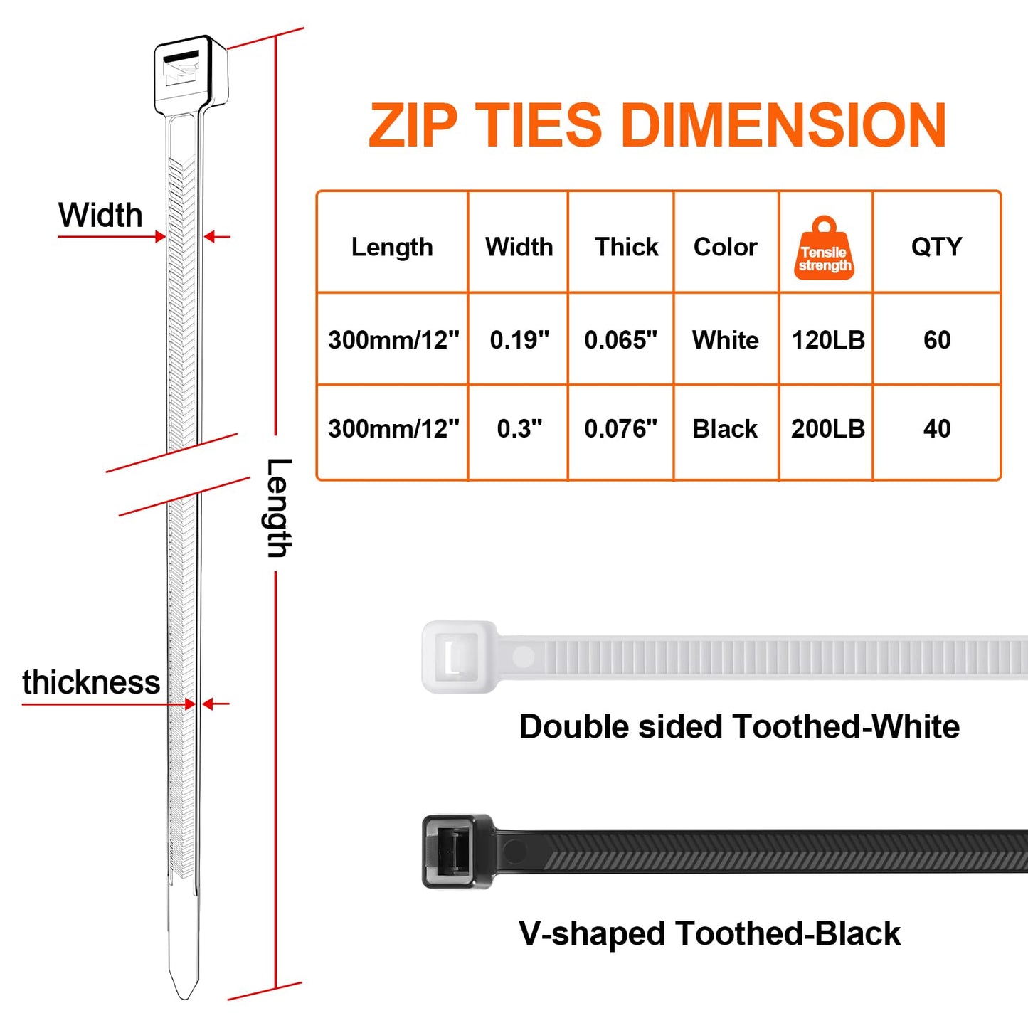 Zip Ties Heavy Duty 12+12 inch,V-Shaped Toothed Double Sided With 200 LBS Tensile Strength Cable Ties ，Extra Large Wire Ties Adjustable Nylon Tie Wraps for Indoor Outdoor Black and White（100 Pack）