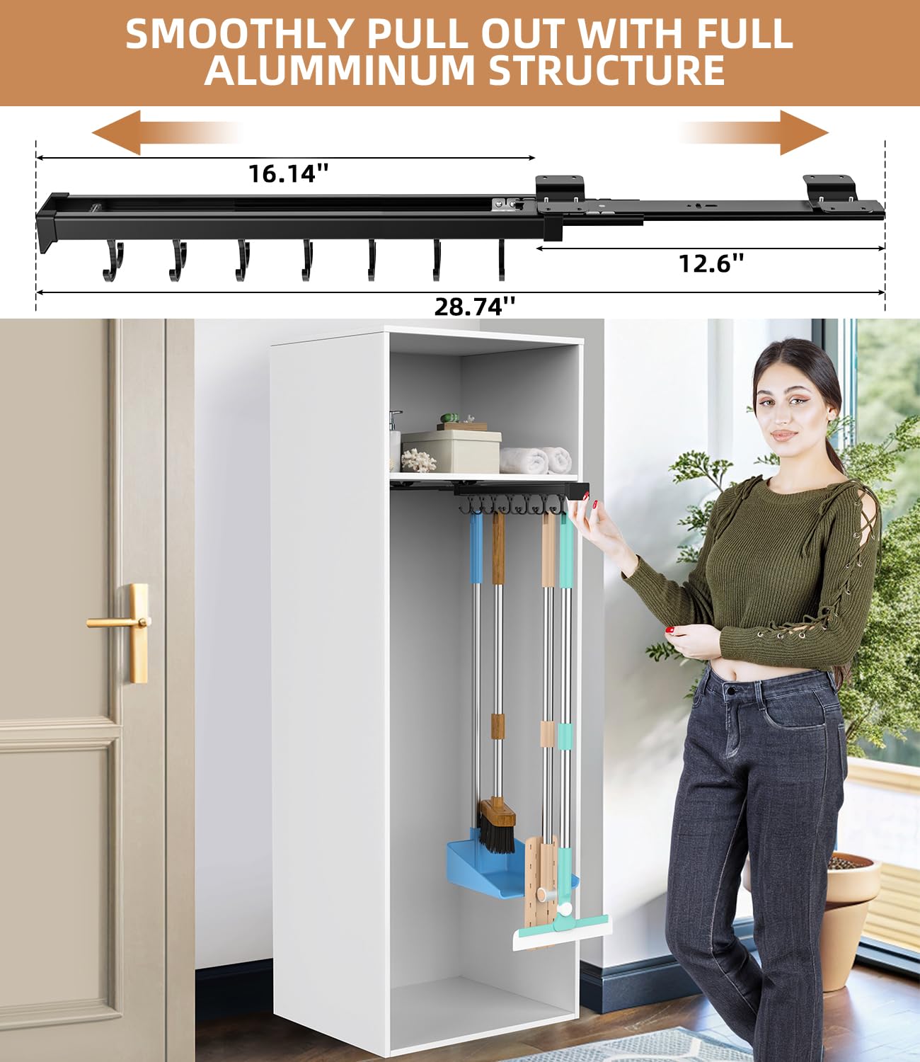 PrimZooty Pull Out Broom Holder With Adjustable Double Row Sliding Hook, Multifunctional Slide Broom And Mop Storage/Organizer Garage Organization Hooks, for Closet Laundry - 41cm/16.14inch