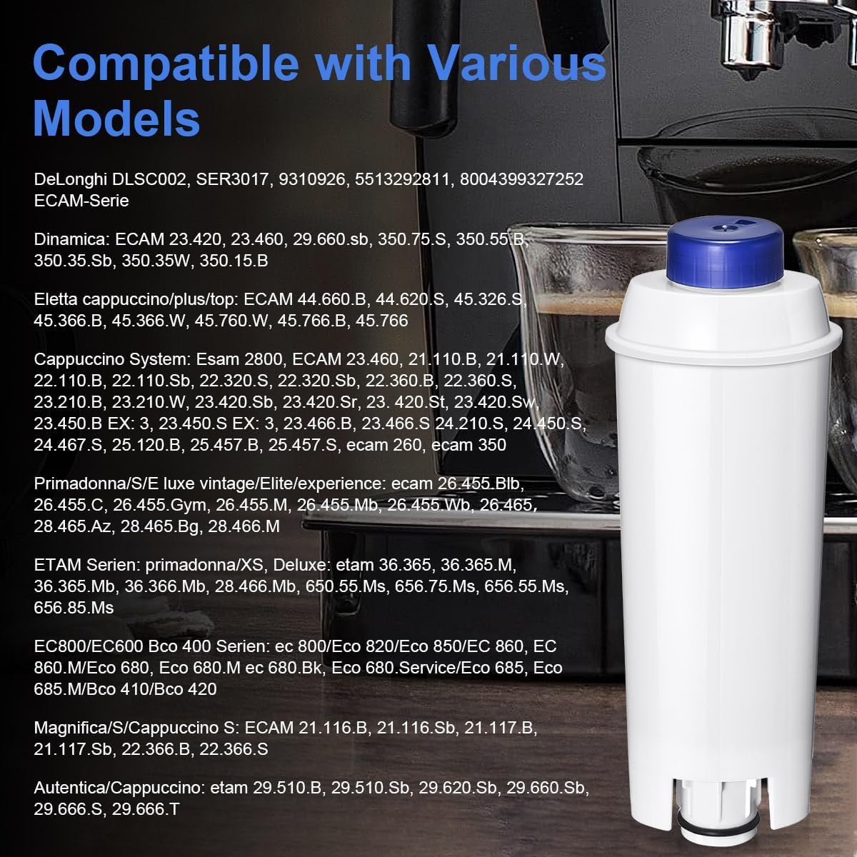 Klamol 4-Pack Coffee Machine Water Filter Replacement Compatible with DeLonghi DLSC002, for Magnifica Evo, Dinamica Plus, Eletta Explore, ECAM, ETAM, ESAM Series Espresso Machines