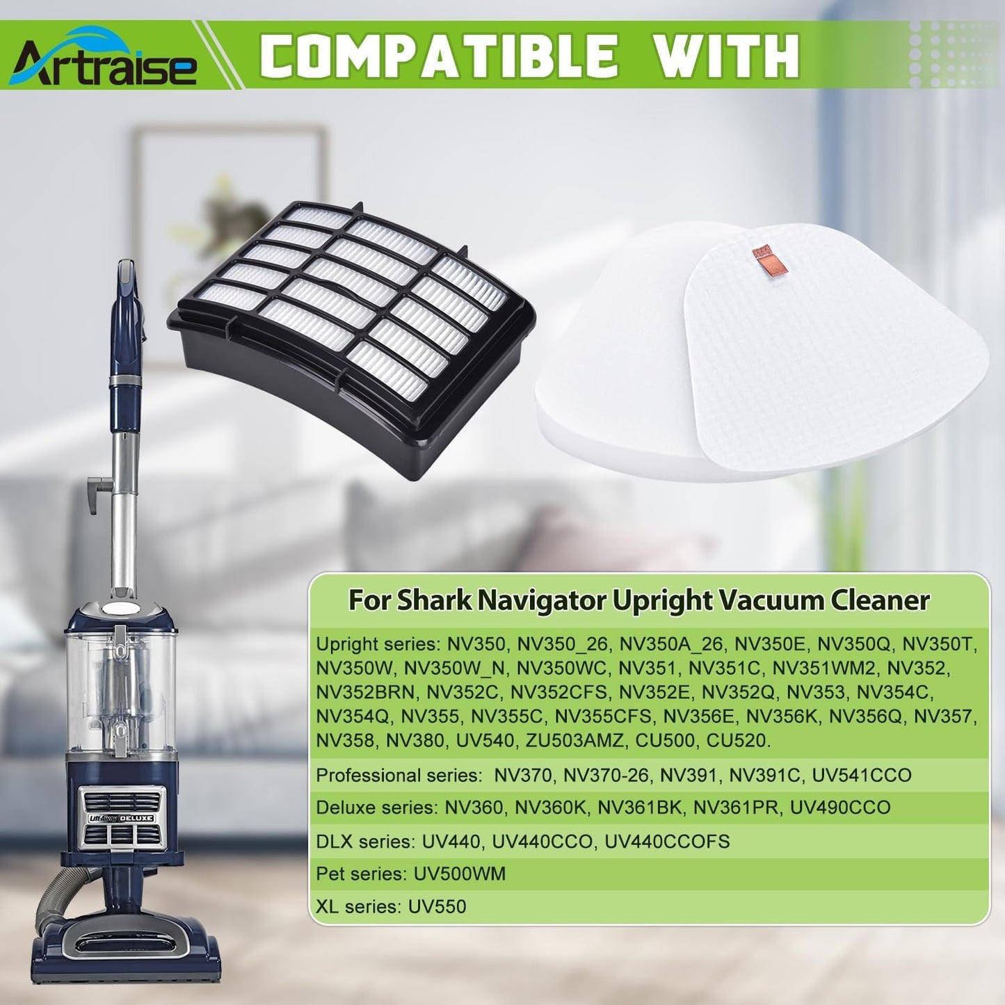 Artraise 1+3 Pack Filters for Shark Vacuum Filter Replacement, fit Navigator Lift Away NV350 NV351 NV352 NV355 NV356E NV360 NV370 UV440 UV490 UV540 CU500 Cleaner, Compare to Parts XFF350 & XHF350