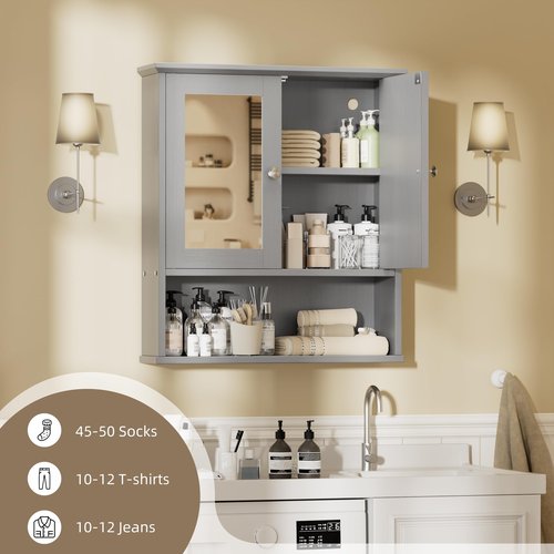 Walsunny Medicine Cabinet Mirror with Storage, Wood Bathroom Wall Cabinet with 2 Vanity Mirror Door and Adjustable Shelfs Wall Mounted for Rv Bathroom Restroom Kitchen, Gray