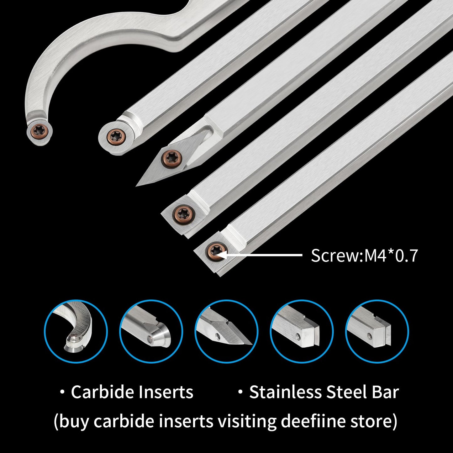 DEEFIINE Carbide Tipped Wood Lathe Turning Tools Set with Bowl sander, Lathe Rougher And Finisher Swan Neck Hollowing Tools and Interchangeable Foam Handle with 5pcs Carbide Inserts for woodturning