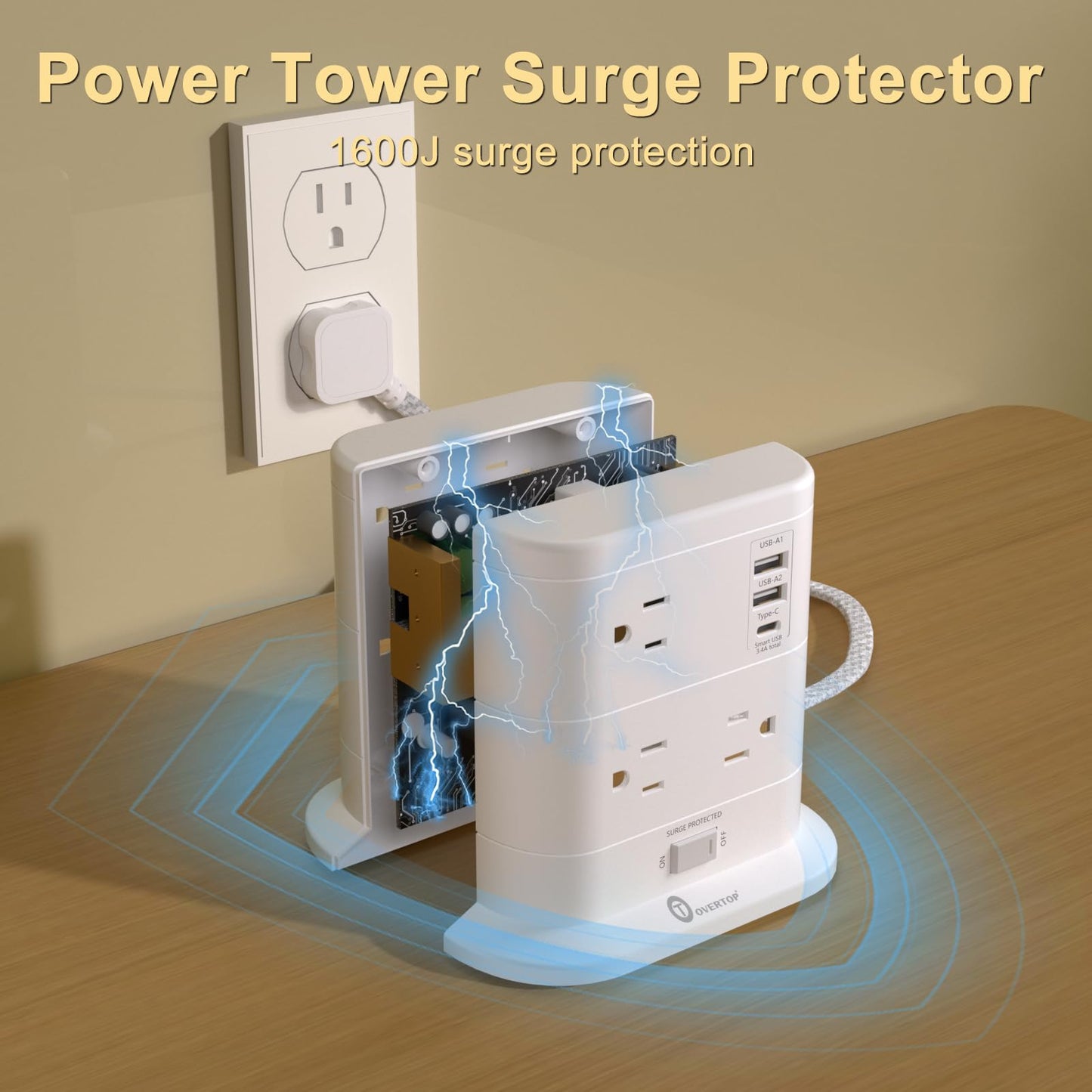 Tower Power Strip with Surge Protection, Flat Plug Power Strip with 7 AC Outlets 3 USB Ports, Tower 1625W/13A 1600J, 6Ft Extension Cord with Multiple Outlets, Office Supplies, Dorm