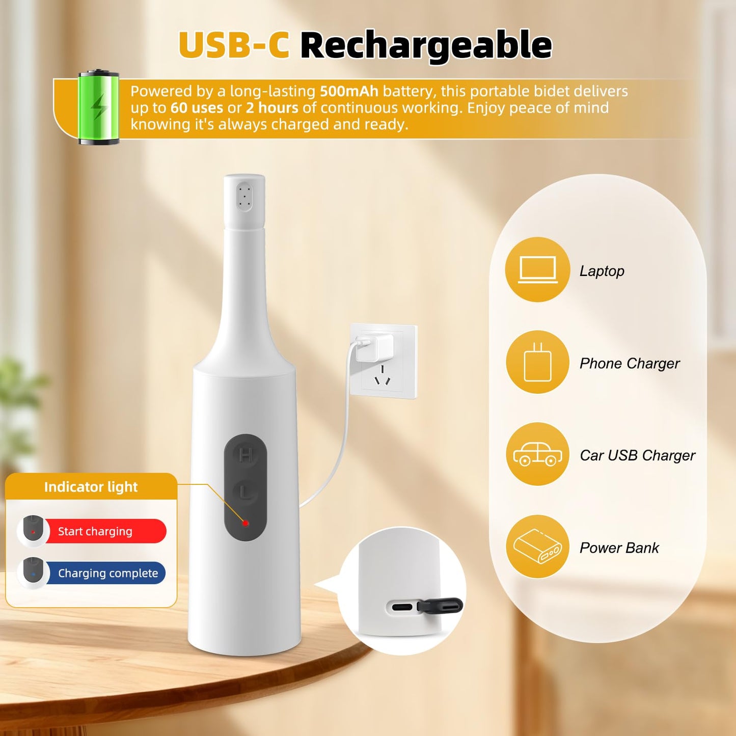 Hibbent Portable Bidet for Travel, High Pressure Electric Handheld Bidet Sprayer, 350-550ML Expandable Bottle for Personal Hygiene, USB-C Rechargeable Waterproof, Travel Sprayer for Women & Men, White