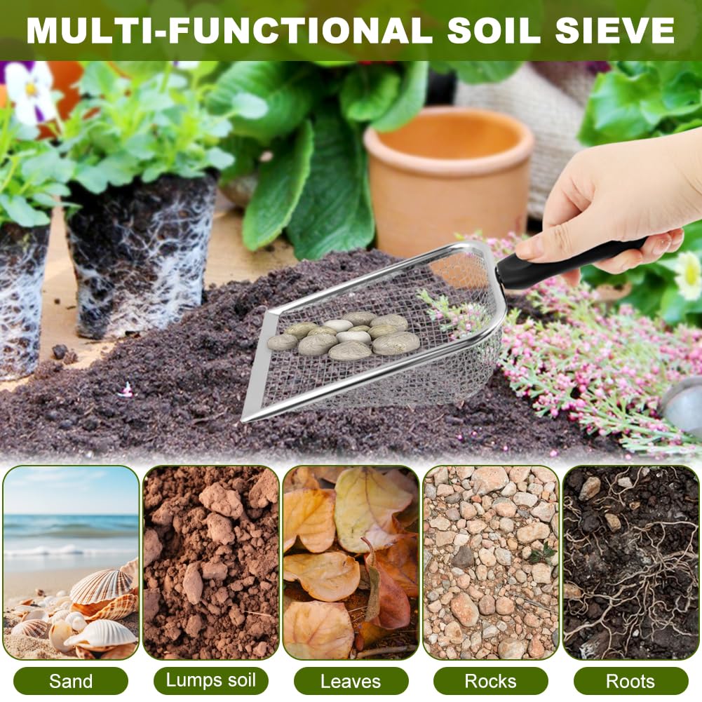 Soil Sifter for Gardening, 2 Pack Stainless Steel Garden Sifter for Soil, Compost, Dirt, Sand, Portable Rock Sifter & Shovel with 3.8mm/5.0mm Mesh & Ergonomic Handle for Gardening