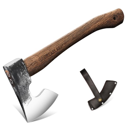 Dream Reach 14.5"" Camping Hatchet with Sheath, Bushcraft Axe with Carbonized Handle, Hand Forged Carving Axe, Splitting Hatchet for Chopping Wood, Gardening, Black