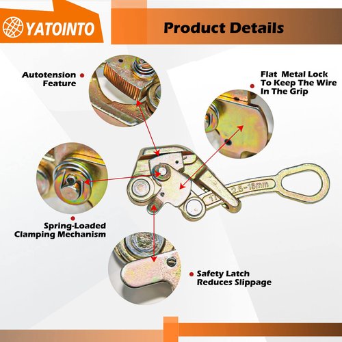 YATOINTO 2200lb Cable Grip Steel Wire Puller 1 Ton, Cable Puller Tool for 2.5-16 mm Wire Rope, Multifunctional Pulling Tightening Tool with Swing Latch (1T)