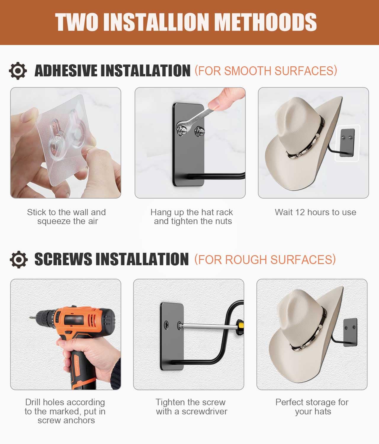 Livelab Cowboy Hat Holder, (4 Pack) Cowboy Hat Rack for Wall Mount, Metal Hat Organizer Storage Cowboy Hats Hanger Hooks for Fedora, Sun Hats, Wide Brim