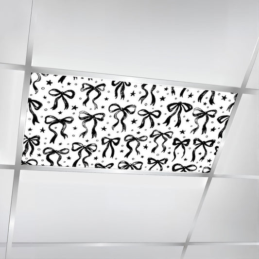 4 Pcs Fluorescent Light Covers for Ceiling Lights Bow ribbon pattern seamless print white black Christmas Cute crayon Decorative Magnetic Classroom Light Filters 4x2 ft for Office Hospitals Home