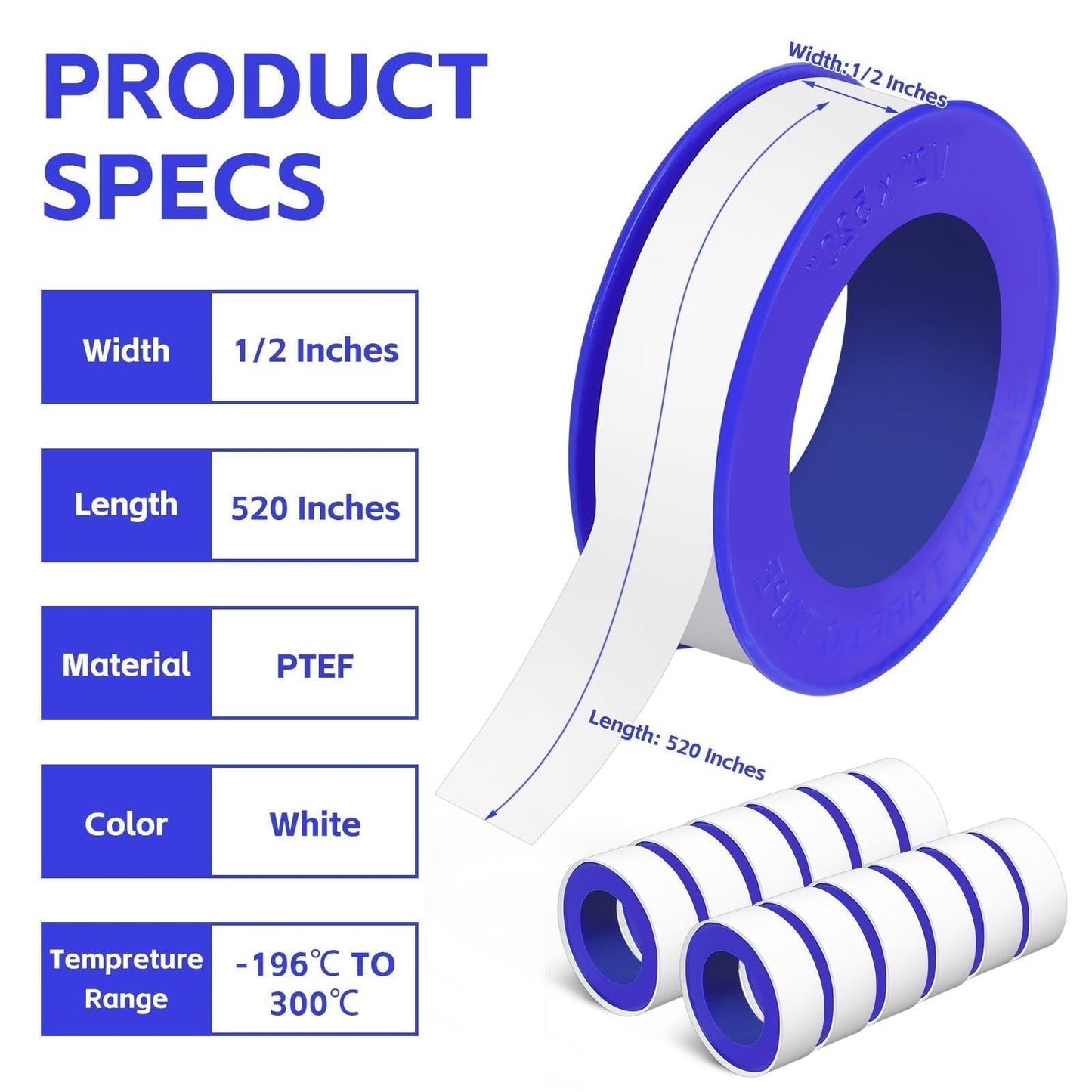 KUQQI 12 Rolls Teflon Tape for Plumbers, 1/2 x 520 Inches PTFE Thread Seal Tape, White Pipe Sealant for Shower Head, Water Pipe Sealing and Leak Prevention, Sealing Tape for Threaded Connections