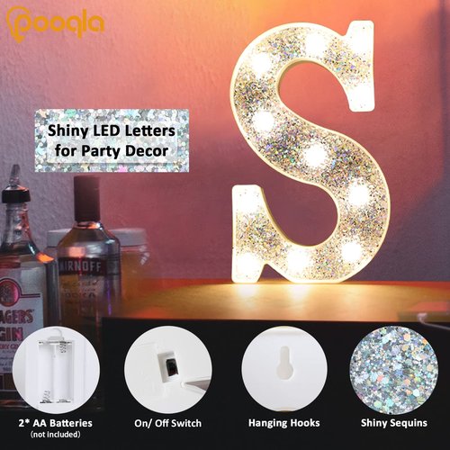 PooqlaLED Marquee Light Up Letters, Glitter Alphabet Letter Sign Battery Powered Night Light Girls Gifts Birthday Wedding Home Bar Christmas Party Decoration, Shiny Silver Letter A