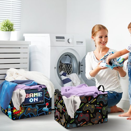 Weysat 2 Pcs Gaming Laundry Basket for Boys Gamer Hamper Video Game Cube Storage Bins with Handles Rectangle Foldable Waterproof Clothes Toys Storage Organizer for Bedroom Bathroom Gamer Room Decor