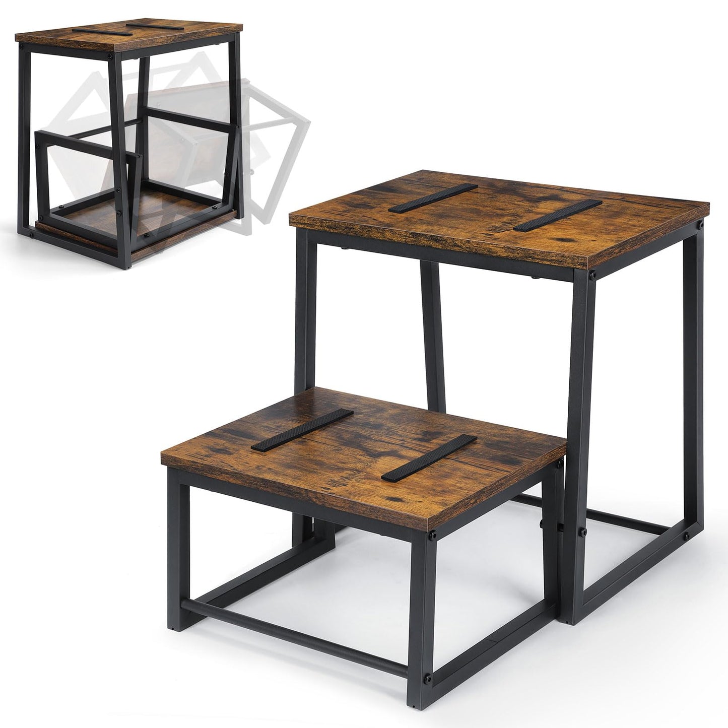 Vrisa Wood Step Stool for Adults Bedside Steps for High Beds Two Step Stools with 550Lbs Load Capacity Heavy Duty RV Stepping Stool for Kitchen Bedroom Living Room, Rustic Brown