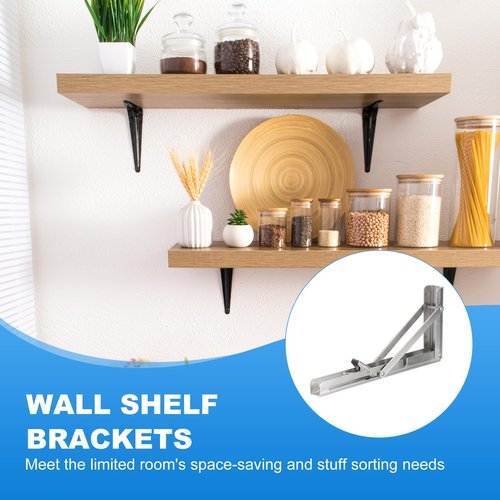 PATIKIL Folding Wall Shelf Brackets 9", 2 Pack Heavy Duty Stainless Steel Collapsible Wall Mounted Shelf Bracket Max Load 220lb Space Saving for Table, Silver