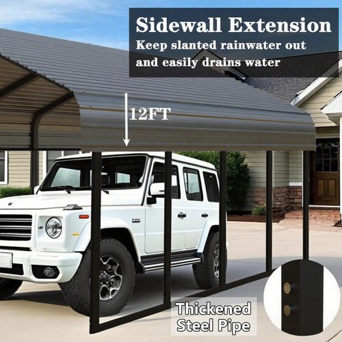 Galvanized Steel Carport - All-Weather Vehicle Shelter with Wind-Resistant Roof, Portable Garage Cover for Cars, Trucks, Boats in Yard (Grey, 20x20 FT)