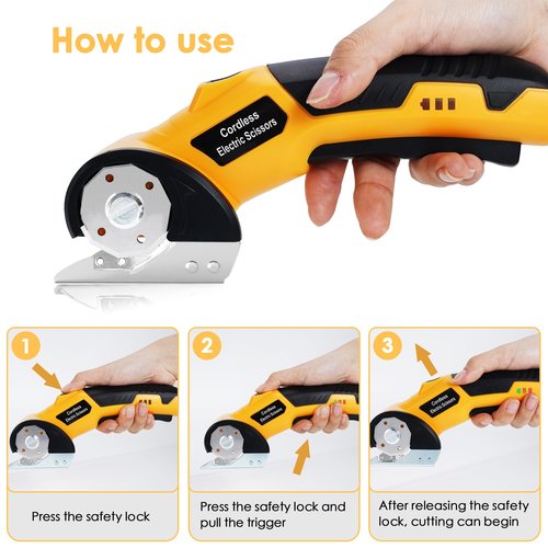 FATNSEAR Cordless Electric Scissors,4V Cardboard Cutter,Rechargeable Rotary Cutter for Cutting Cardboard,Leather,Packages,Plastic,with Safety Lock and Storage Box(Yellow)
