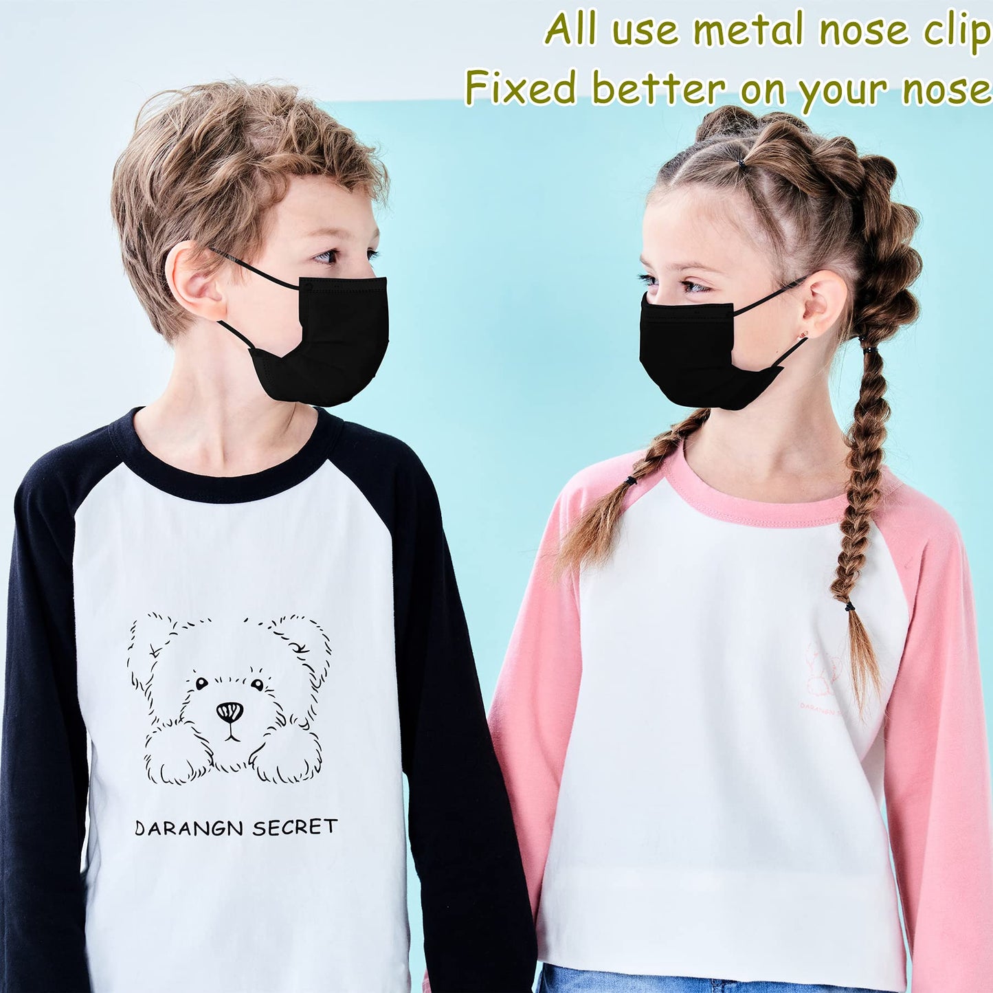 mystcare Kids Disposable Face Mask 50 Pack Ages 5-12 Filter 3-Layer Safety Face Masks for Kids Daily Use.All Metal Nose Clips(Black)