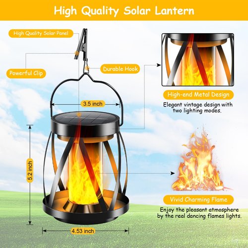 Garpar Solar Flickering Flame Lanterns Outdoor Waterproof - Upgraded Brighter Metal Hanging Solar Lights Outdoor, 2 Lighting Modes - Auto On/Off Outdoor Lights for Yard Porch Patio Garden Decor