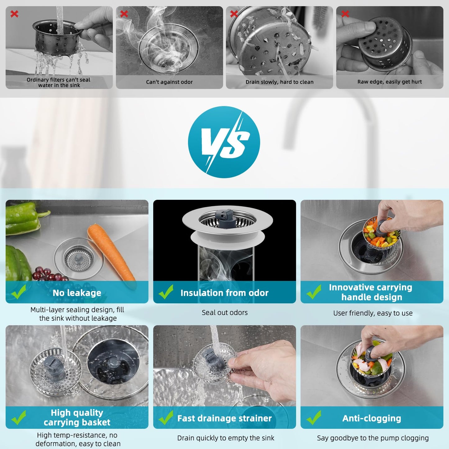 Hibbent 2 Pack 3 in 1 Kitchen Sink Drain Strainer, Stainless Steel Wrapped Shell Drain Stopper Combo, Pop Up Sink Stopper, Anti-Clogging Strainer with Foldable Handle for US Standard 3-1/2" Drain