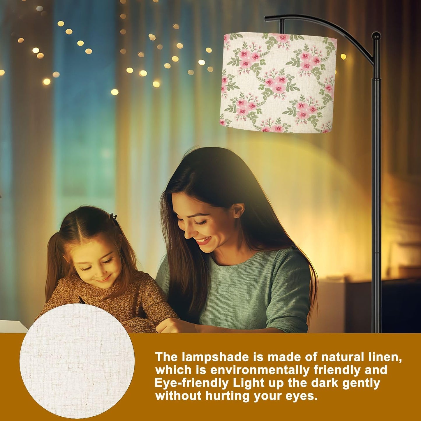 Boho Drum Lamp Shades - 11" x 11" x 8.9" Flower watercolor seamless white Replacement Natural Linen Lampshades for Table Lamps, Floor Lamps Easy Assembly