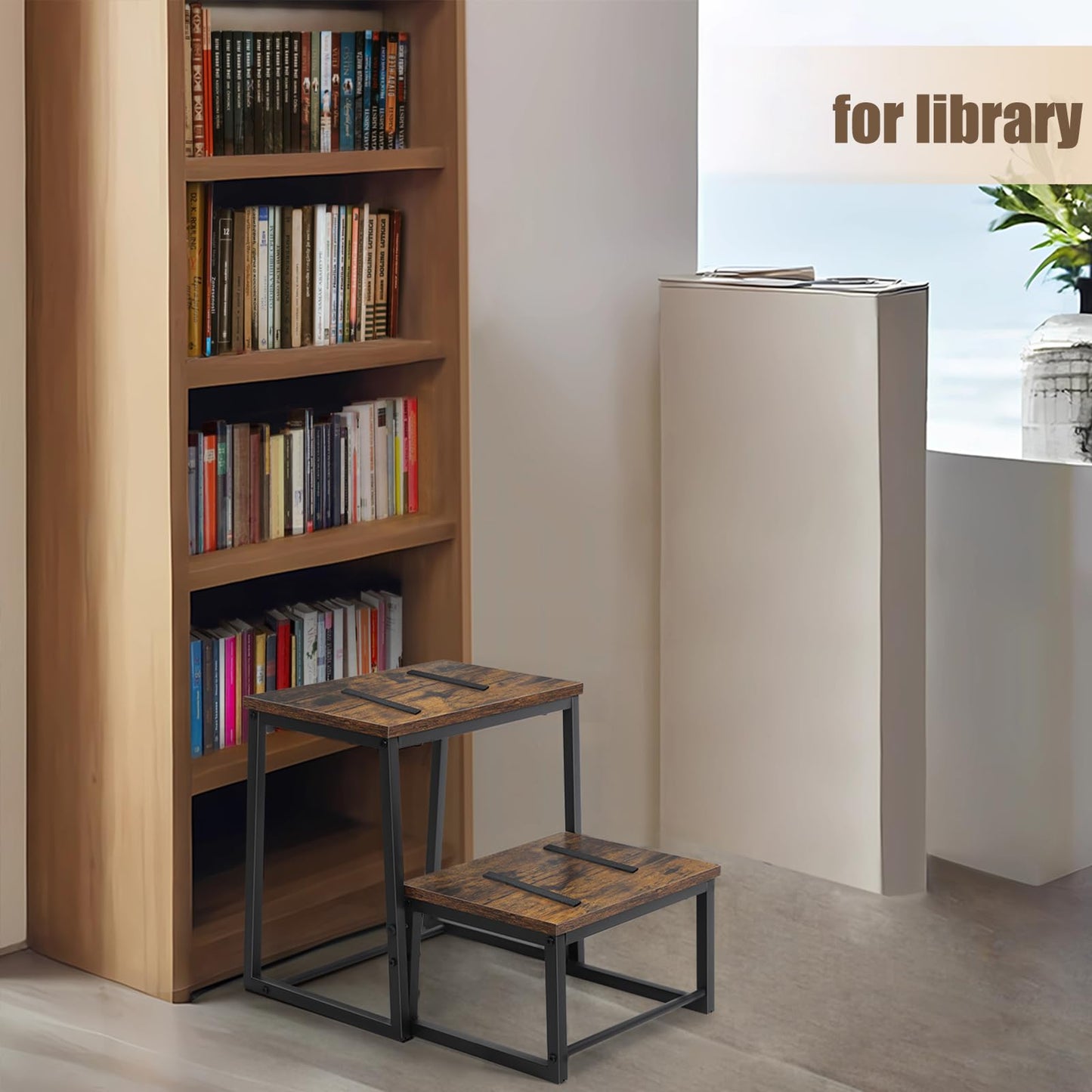 Vrisa Wood Step Stool for Adults Bedside Steps for High Beds Two Step Stools with 550Lbs Load Capacity Heavy Duty RV Stepping Stool for Kitchen Bedroom Living Room, Rustic Brown