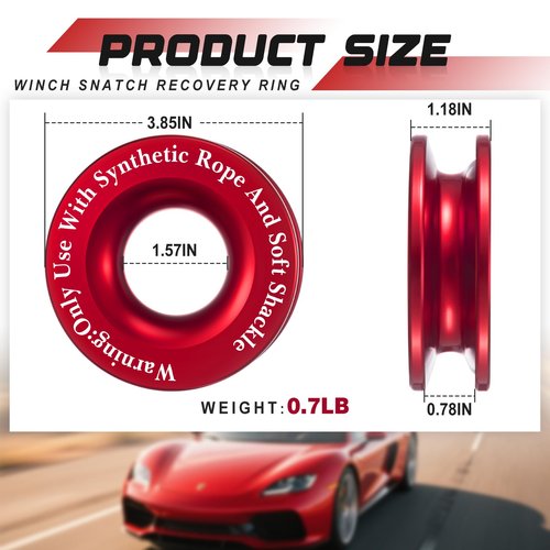Otoolling 2 Pcs Winch Snatch Recovery Ring Block Pulley 66, 000 Lbs Compatible for SUV UTV ATV Off-Road Vehicle and Truck Pulley Towing Ring for Synthetic Rope and Soft Shackle(Red)