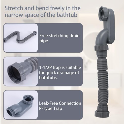 Flexible 1 1/2 P-Trap, Freestanding Tub Drain Flat Flexible P-Trap 1-1/2 Shower Drain Interface 1.7in for Bathtub Shower Bathroom