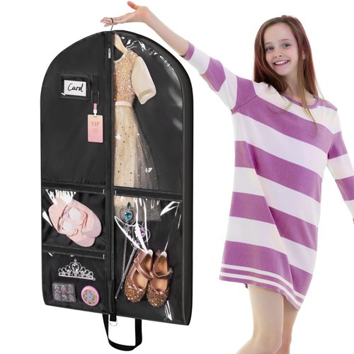 Univivi Dance Costume Garment Bag, 40" Waterproof Hanging Bag for Travel, Kids Clothes Bag With 5 Clear Pockets and Handles for Costumes and Sports, Black