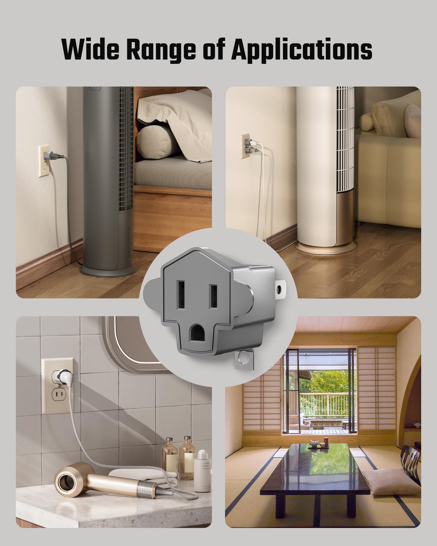 2 Prong to 3 Prong Outlet Adapter, ETL Listed 3-2 Prong Adapter, Fire-Retardant (392℉) PBT Material, Heavy Duty Wall Plug Adapter for Old Homes, Travel to Japan, and Industrial Use, Gray 4-Pack