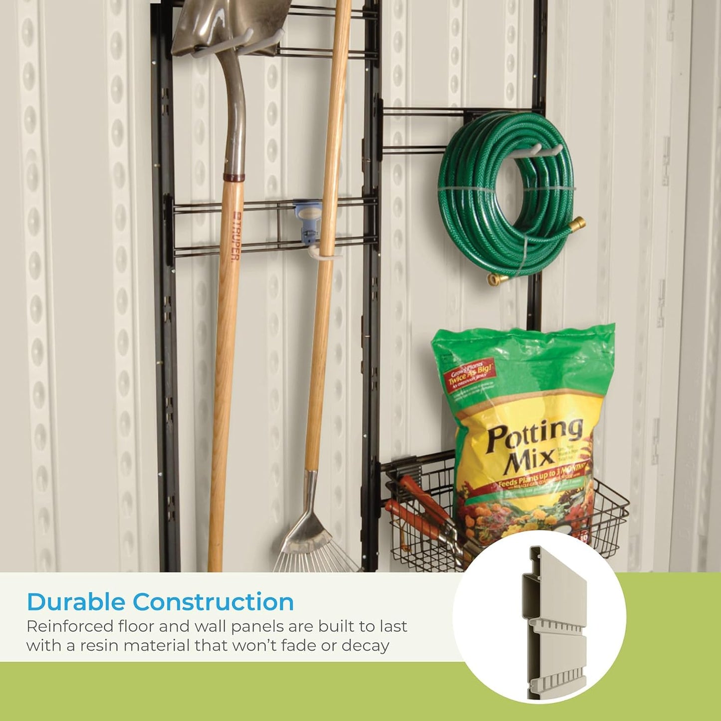 Suncast 8’x10’ Tremont Resin Shed, Vanilla & Slate – Backyard Storage Unit with Skylights, Corner Shelves, Reinforced Floor & Double Doors – Store Lawn Mower, Garden Equipment & Outdoor Tools