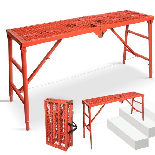 LEADALLWAY Scaffolding Platform 59''(L) x15''(W) x30''(H) Folding Adjustable Scaffolding for Stairs Portable Work Platform Ladder 770 LBS Capacity,Red
