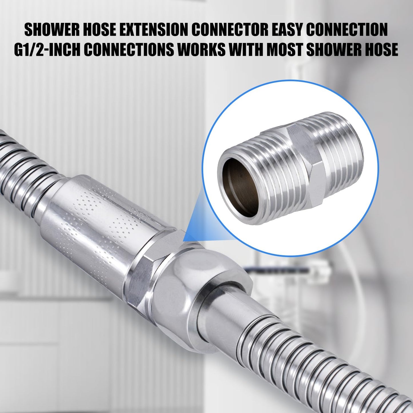 Shower Hose Extension Connector, Male NPT 1/2x Male NPT 1/2 Shower Hose Extender Fitting Extra Long Joint, Used to Connect Two Hoses, Chrome（2 Packs ）