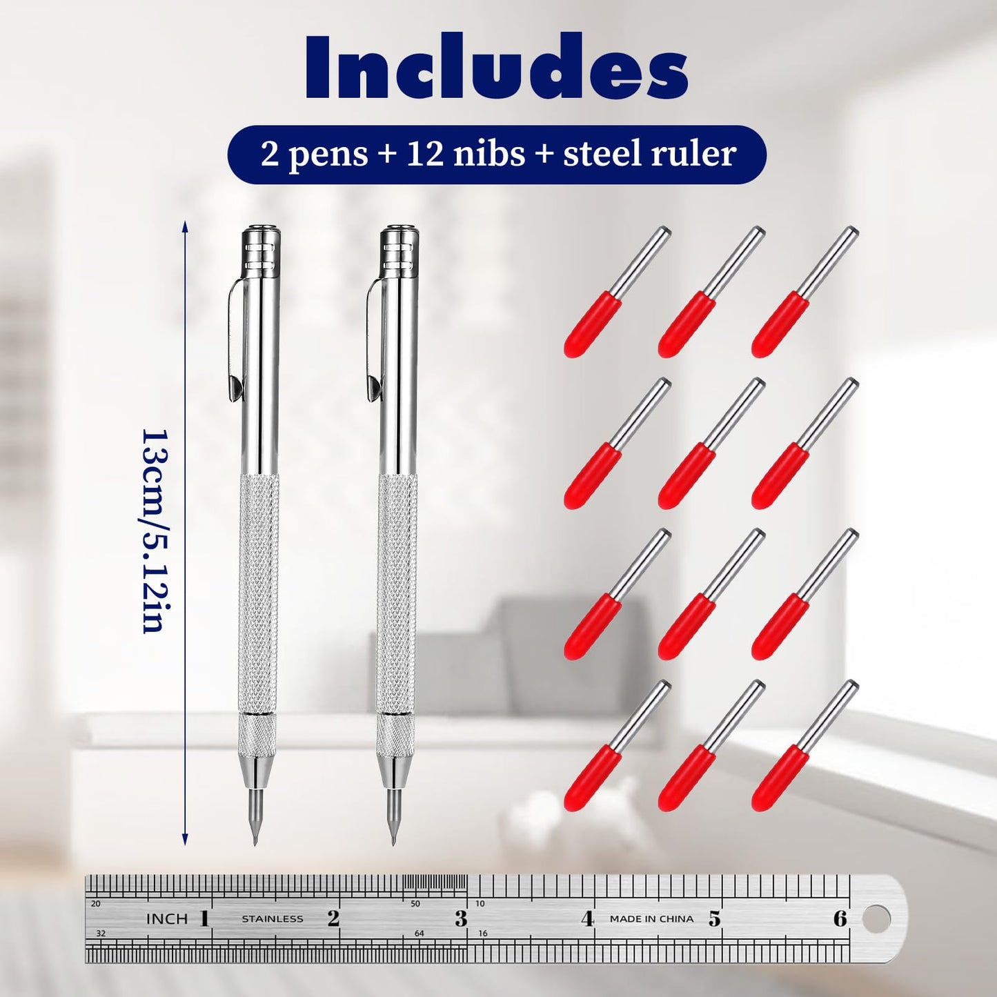 Telooco 2 Pack Metal Scribe with 12 Refills 1 Ruler Carbide Scribe Metal Scribes Tool Scriber Marking Tools Premium Etching Engraving Pen for Glass/Wood/Leather