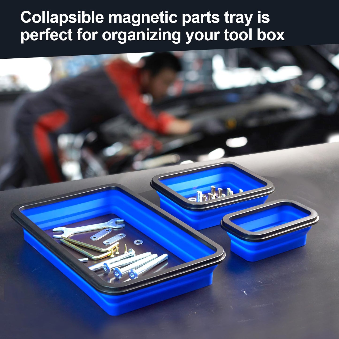 stochastic box Collapsible Magnetic Parts Tray Set Foldable Magnetic Tray 3 Different Size Silicone Tool Trays for Screw, Bolts,Nuts,with Magnetic Base Stores and Organizes Small Parts and Tools