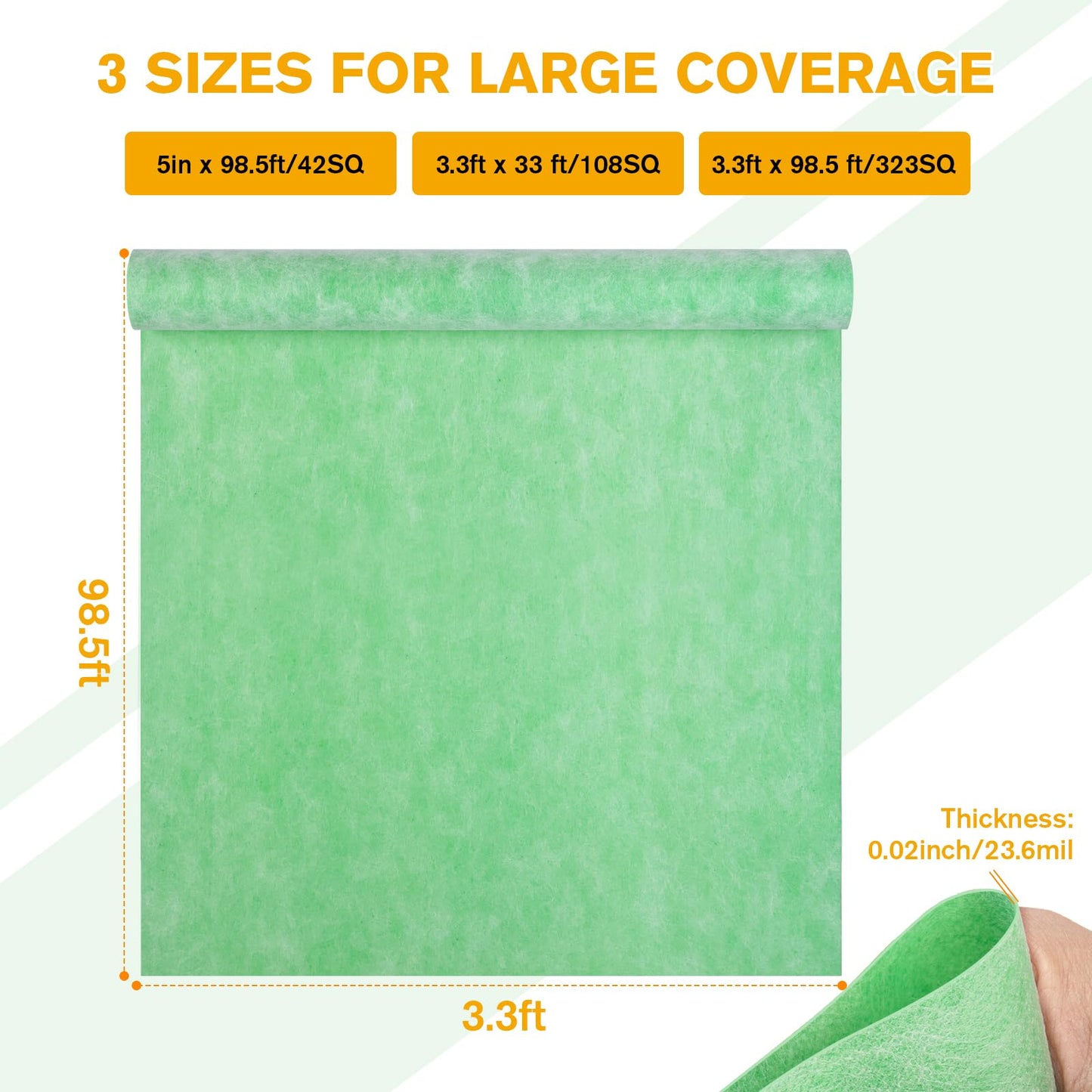 Waterproof Membrane Flooring Underlayment - 23.6 Mil Thick Polyethylene Fabric Roll 3.3ft x 98.5ft(323 SQ) Waterproofing Solution for Showers, Bathrooms, Saunas, Steam Rooms Wet Areas
