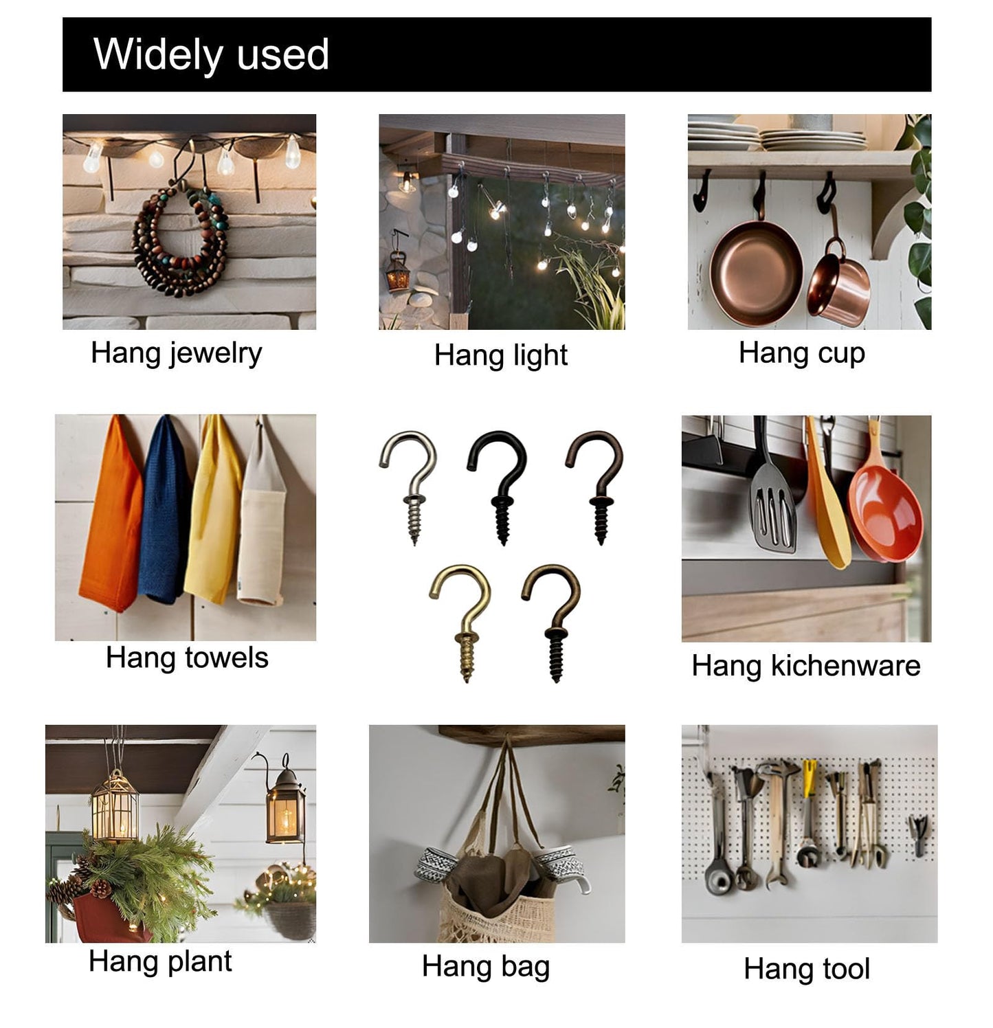 IDEALSV 160 Pcs Small Screw Hooks, 5/8 Inch Metal Twist in Hook, Christmas Lights Patio Hanging Jewelry Hooks 5 Colors (Gold,Bronze,Black,Antique Copper,Silver)