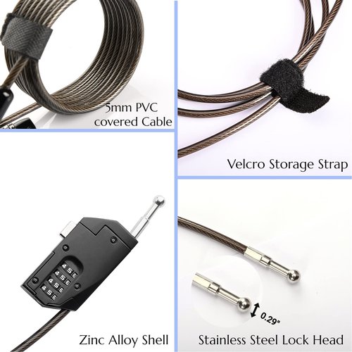 Tofeer Adjustable Combination Cable Lock - 6.5ft Steel Cord for Trail Camera, Kayak, Luggage, Suitcase, Helmet - Zinc Alloy, 10,000 Codes, Easy to Use