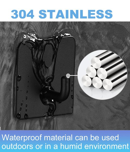 14 Pcs Towel Hooks with Removable Strips for Hanging, Adhesive Wall Hooks Heavy Duty, Outdoor No Damage, Sticky Hook for Bathrooms, Shower, Stockings, Decor, Robe, Small, Black 304 Stainless Steel