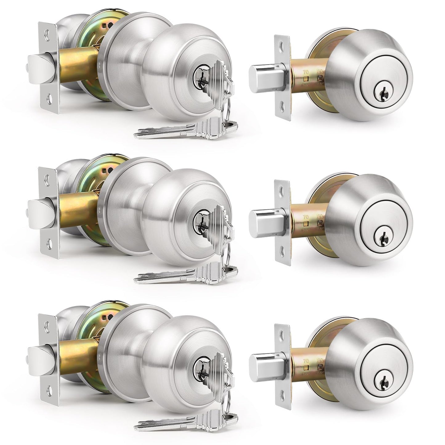 Brotima 3 Pack Keyed Alike Front Door Knob and Deadbolt Set, Entry Door Locksets with Single Cylinder Deadbolt, Satin Nickel Flat Round Door Lock Set for Bedroom/Office/Exterior Doors