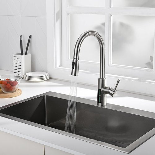 Lefton Pull-Down Kitchen Faucet with Temperature Display in Fahrenheit, 3 Water Outlet Modes, Faucet for Kitchen Sink, Brushed Nickel, KF2501-0