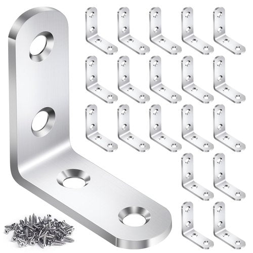 20PCS L Bracket Corner Brace Sets, Stainless Steel L Brackets for Wood Shelves, 90 Degree Right Angle Bracket with 80 Screws, Metal Corner Brackets for Furniture Cabinet Drawer Chair (1.57x1.57 in)