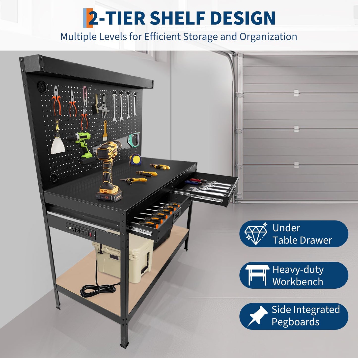 TrailBlaze 48.99"x 22.99" Workbench with 2 Drawers, 2-Tier Heavy Duty Workstation with Power Outlet, Pegboard and Shelf, Metal Tool Multifunctional Workbench for Garage Workshop